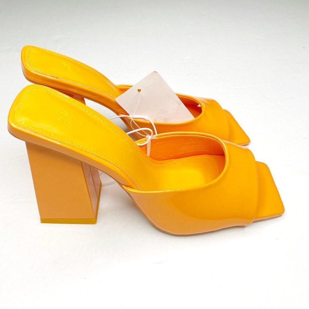 H&M Square Toe Chunky Heel Patent Mules Sandals in Yellow Orange Size 7 NEW - Picture 5 of 11